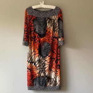 Vintage Frank Lyman tunic sheath dress midi length animal print 3/4 sleeve